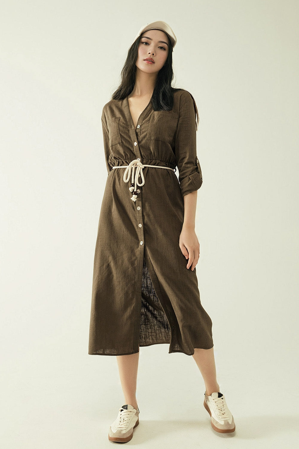 Q2 Vestido camisero Khaki de manga larga con cierre de botones