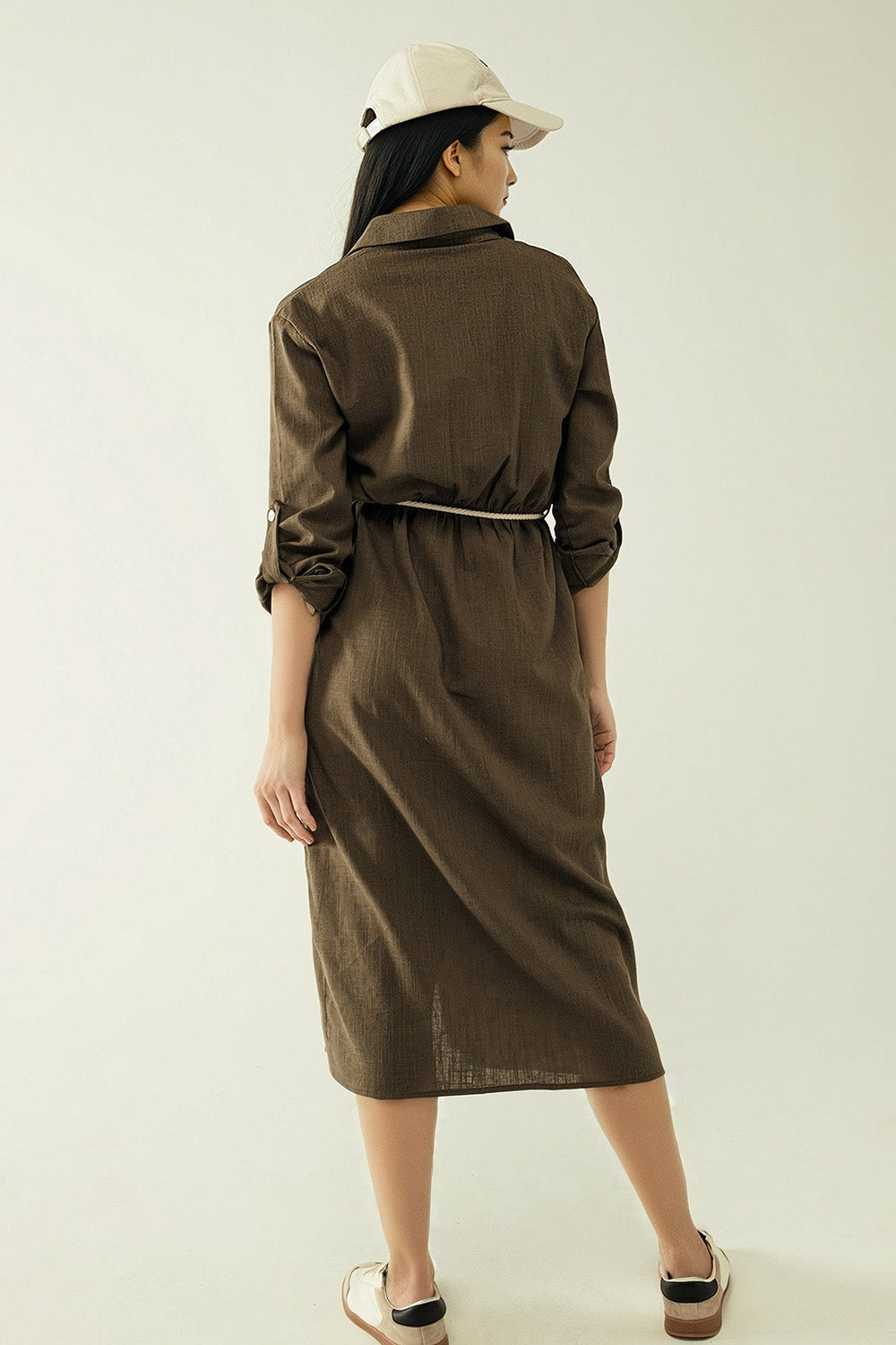 Vestido camisero Khaki de manga larga con cierre de botones Q2