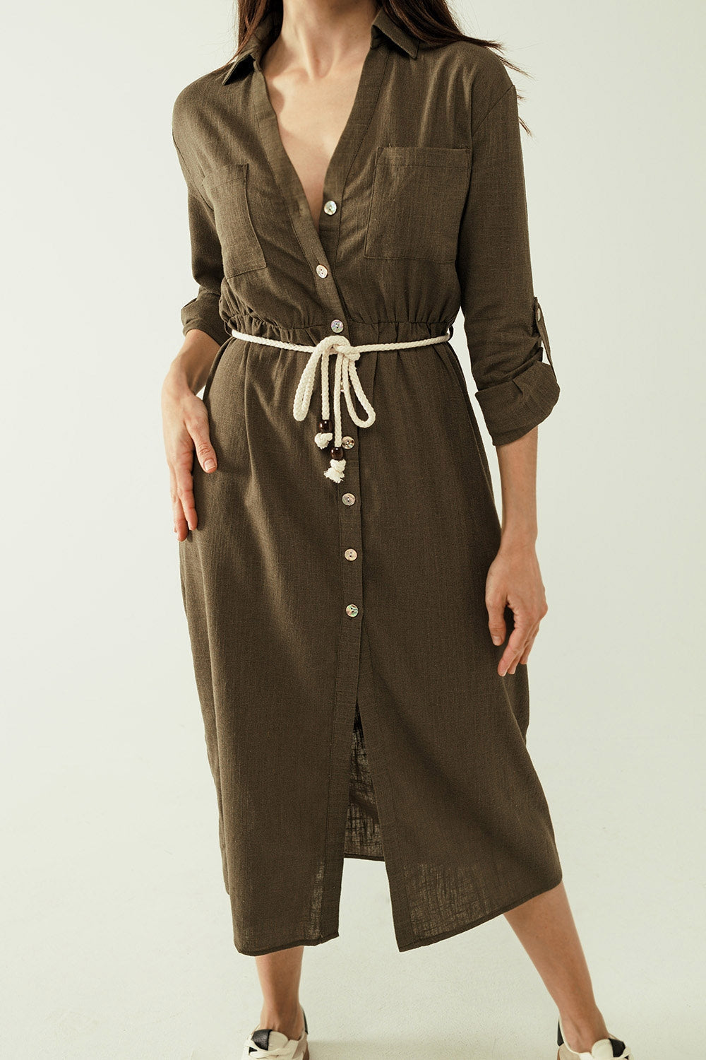 Vestido camisero Khaki de manga larga con cierre de botones Q2