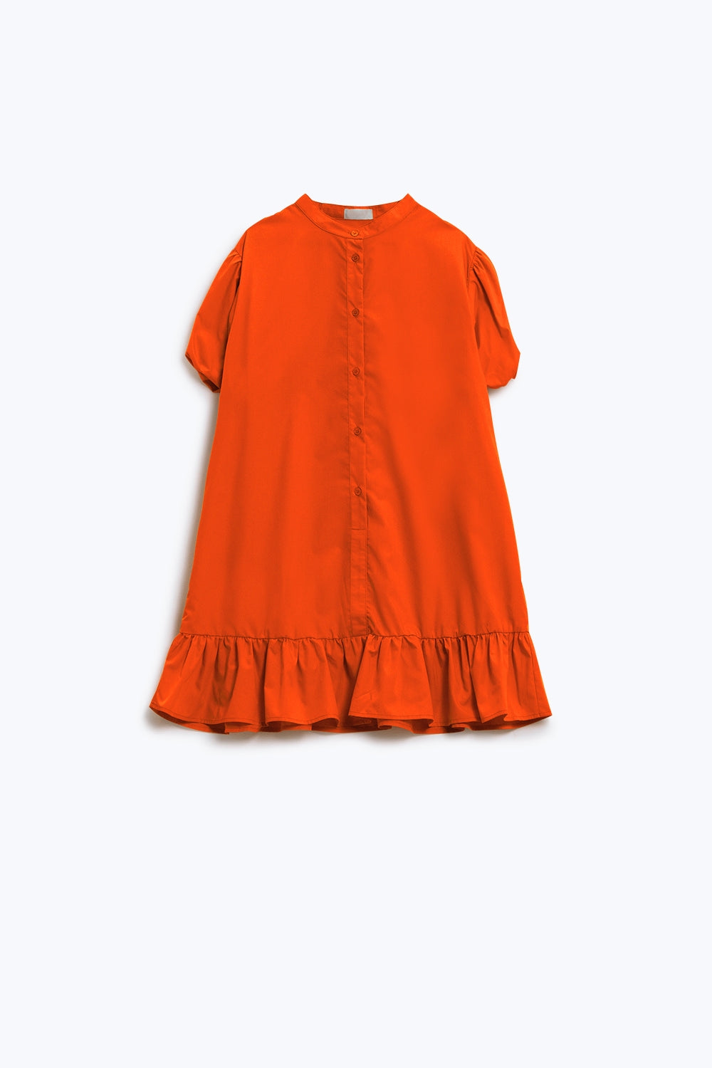 Vestido camisero relajado con mangas cortas globo y volante en naranja Q2