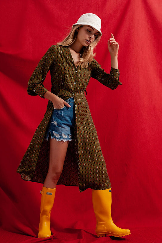 Q2 Vestido camisero semilargo con estampado de cuadros