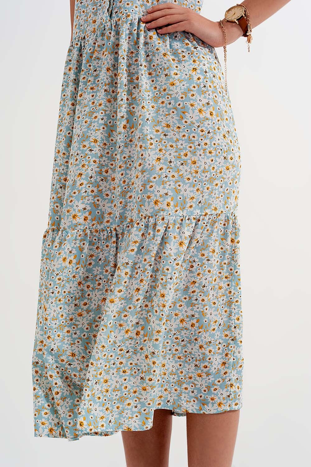Vestido camisero sin mangas con estampado floral azul Q2