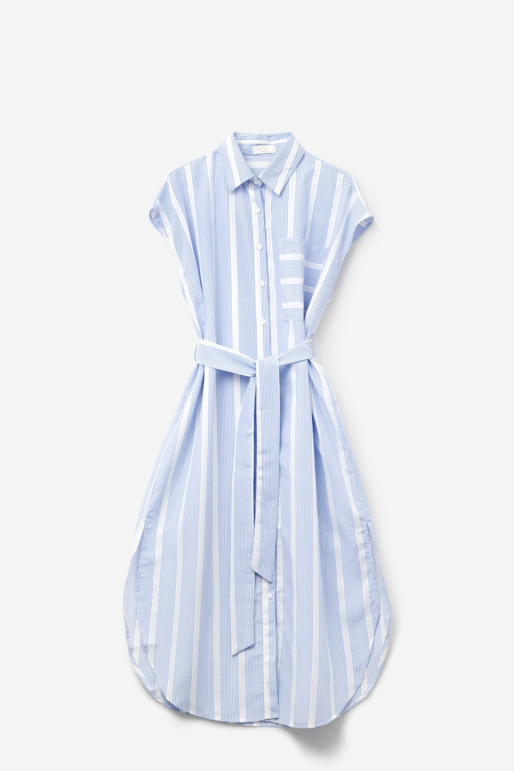 Vestido camisero sin mangas de rayas azules y blancas Q2