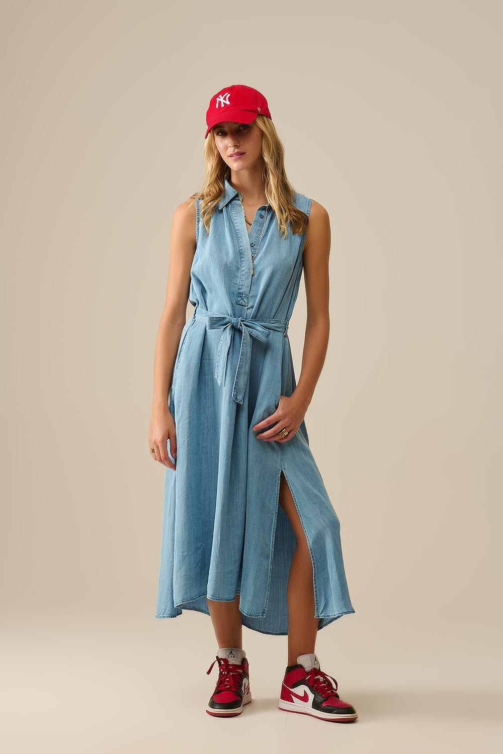 Vestido camisero sin mangas en tejido tencel Azul Q2
