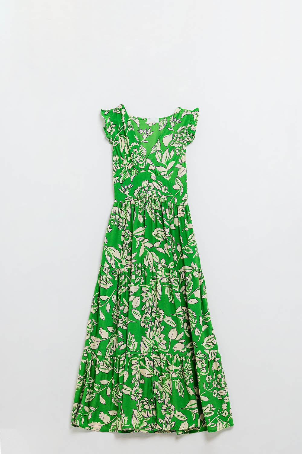 Vestido con estampado floral y cintura ceñida en verde Q2