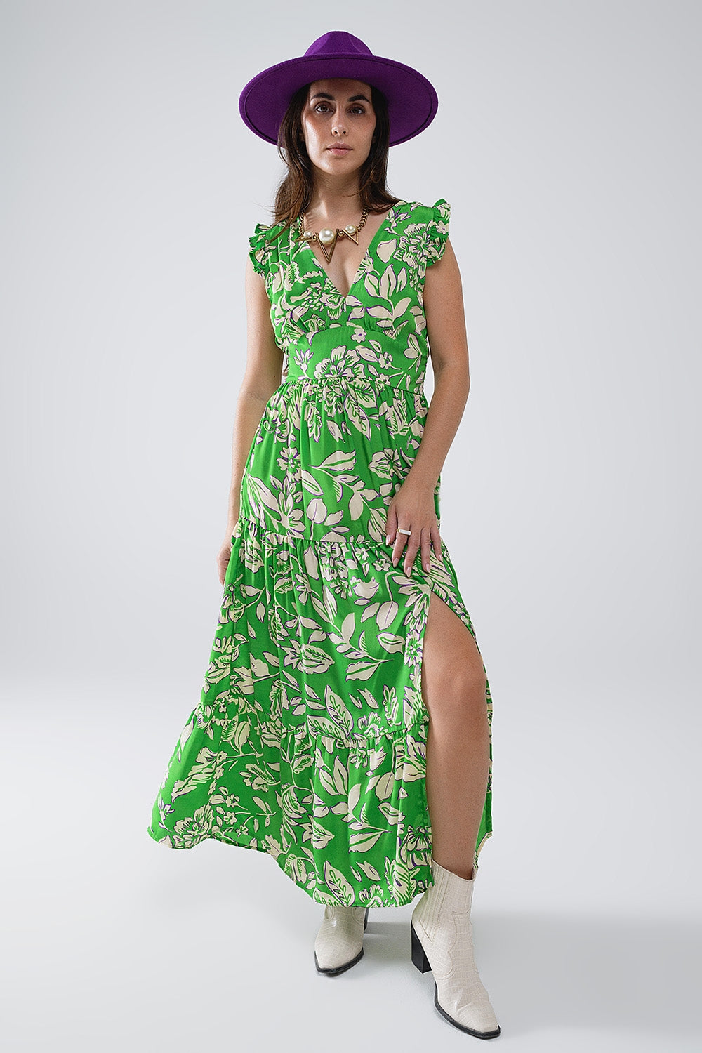 Q2 Vestido con estampado floral y cintura ceñida en verde