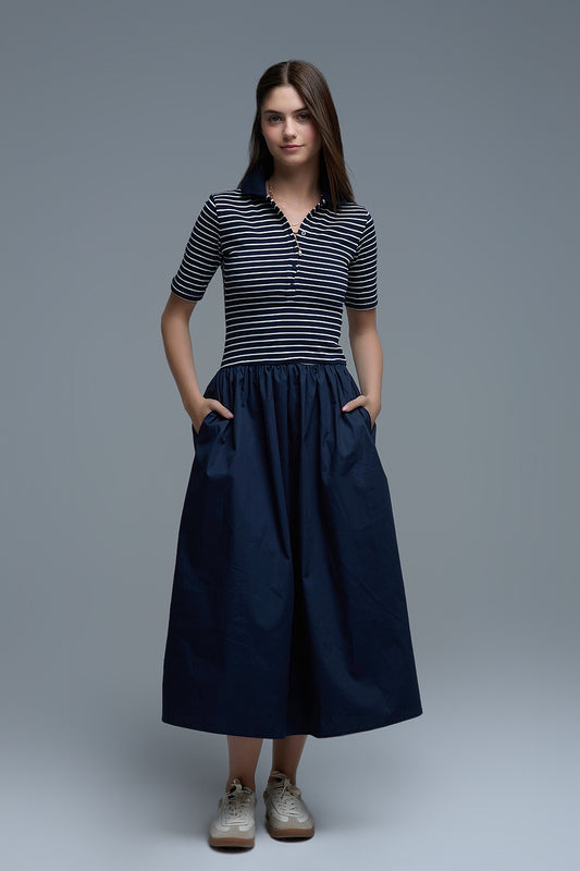 Q2 Vestido con top de rayas de polo y falda midi de popelín en azul marino