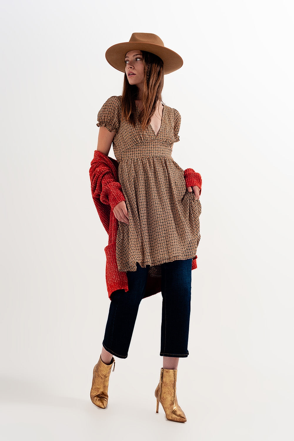 Q2 Vestido corto a cuadros de color crema