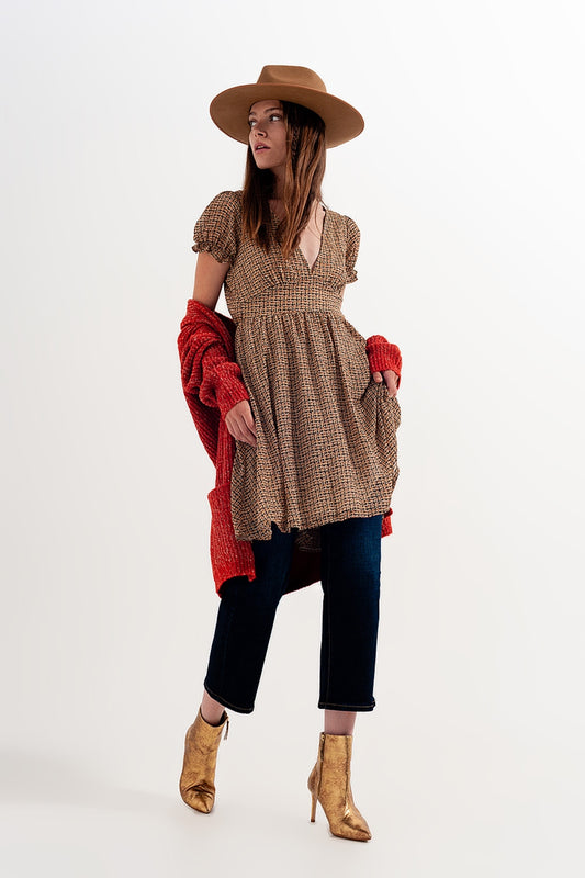 Q2 Vestido corto a cuadros de color crema