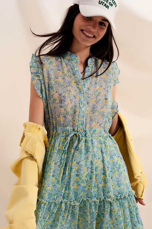 Q2 Vestido corto con bordes de volantes y flores estilo vintage color verde