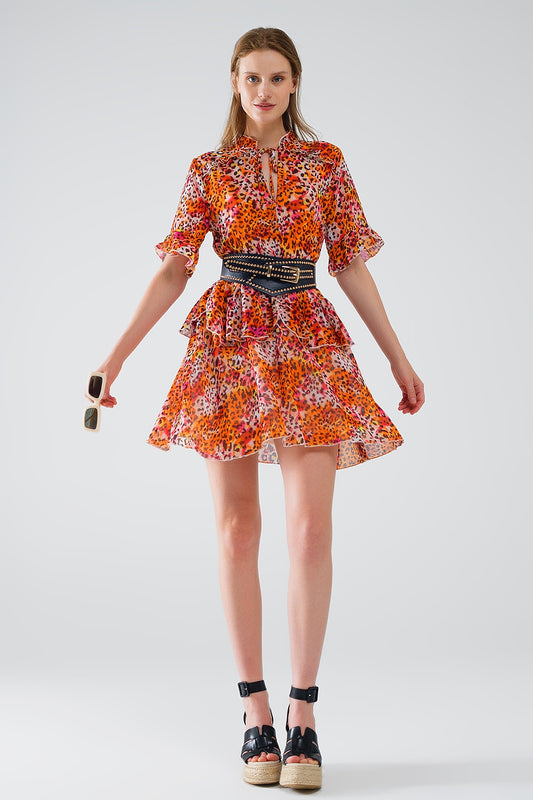 Q2 Vestido corto con estampado animal en naranja y blanco