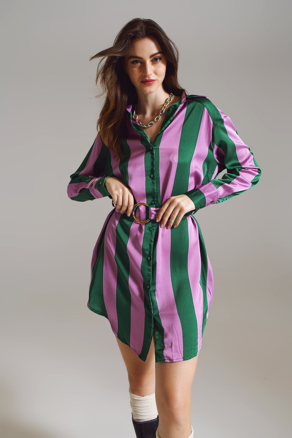 Q2 Vestido corto de camisa a rayas lila y verde