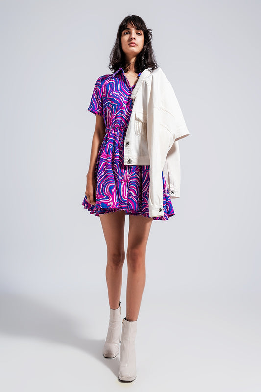 Q2 Vestido corto morado con estampado abstracto y lazada en la cintura