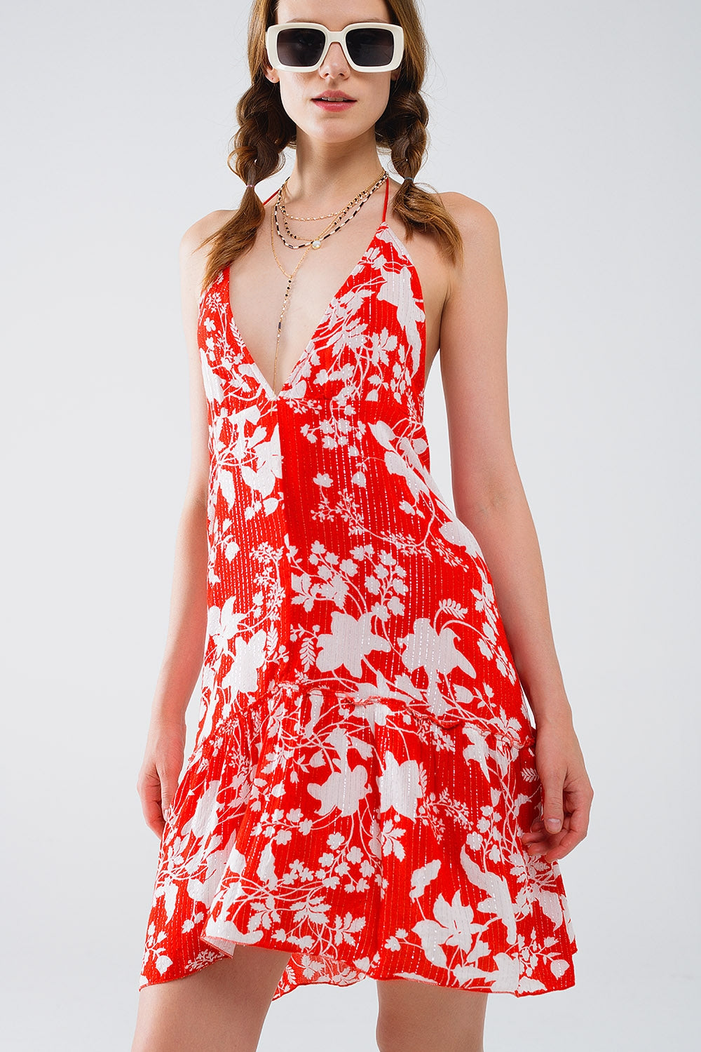 Vestido corto rojo con estampado floral boho con detalle de lurex Q2