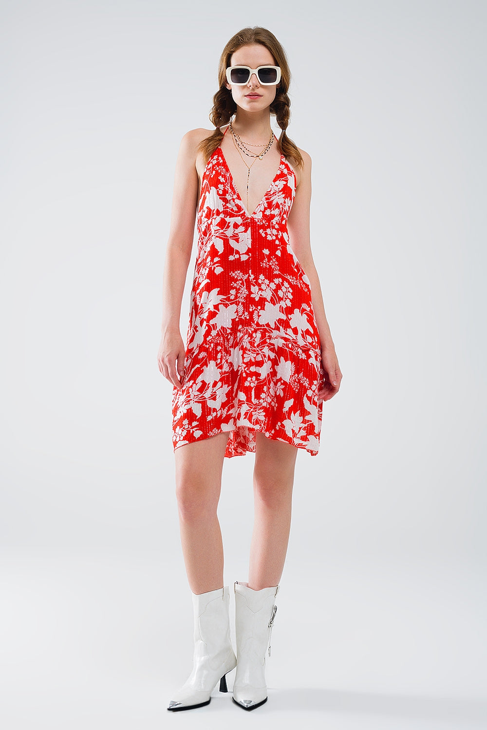Q2 Vestido corto rojo con estampado floral boho con detalle de lurex