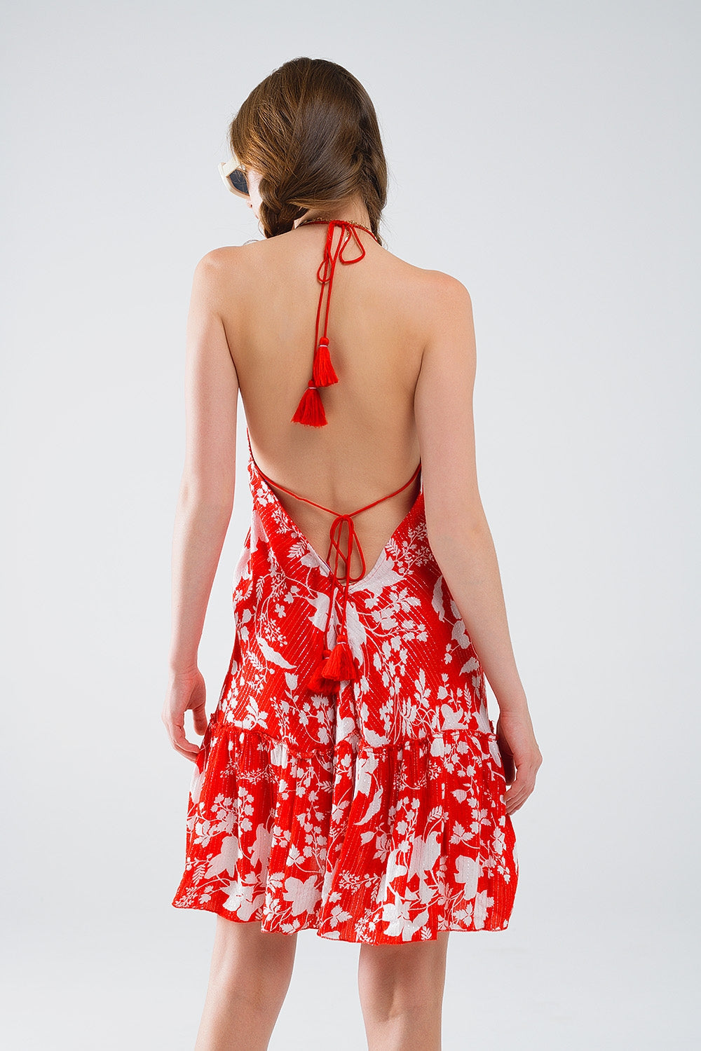 Vestido corto rojo con estampado floral boho con detalle de lurex Q2