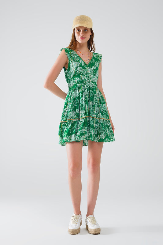 Q2 vestido corto verde boho estampado de flores con detalle de lurex