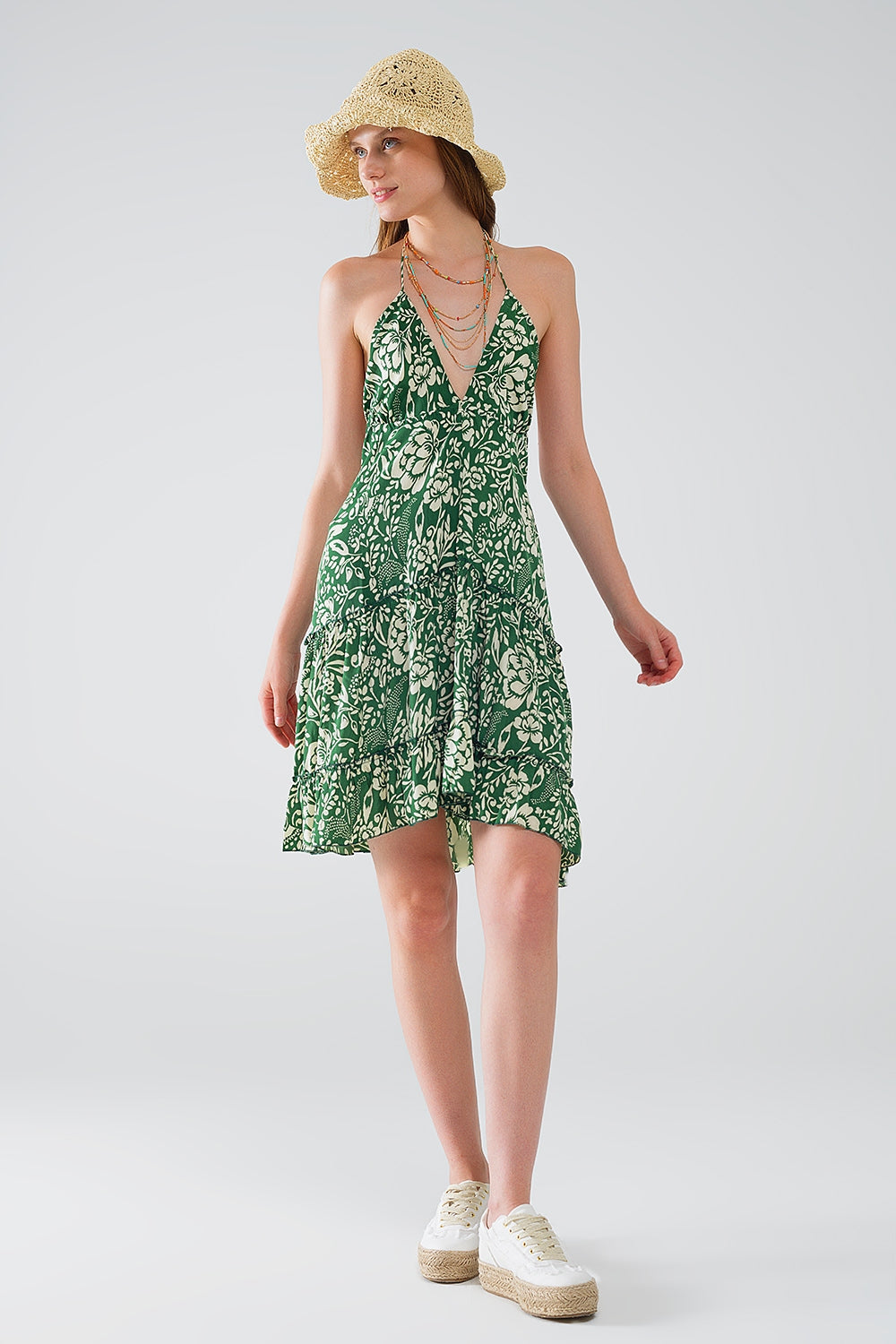 Vestido corto verde estilo boho de satén estampado de flores Q2