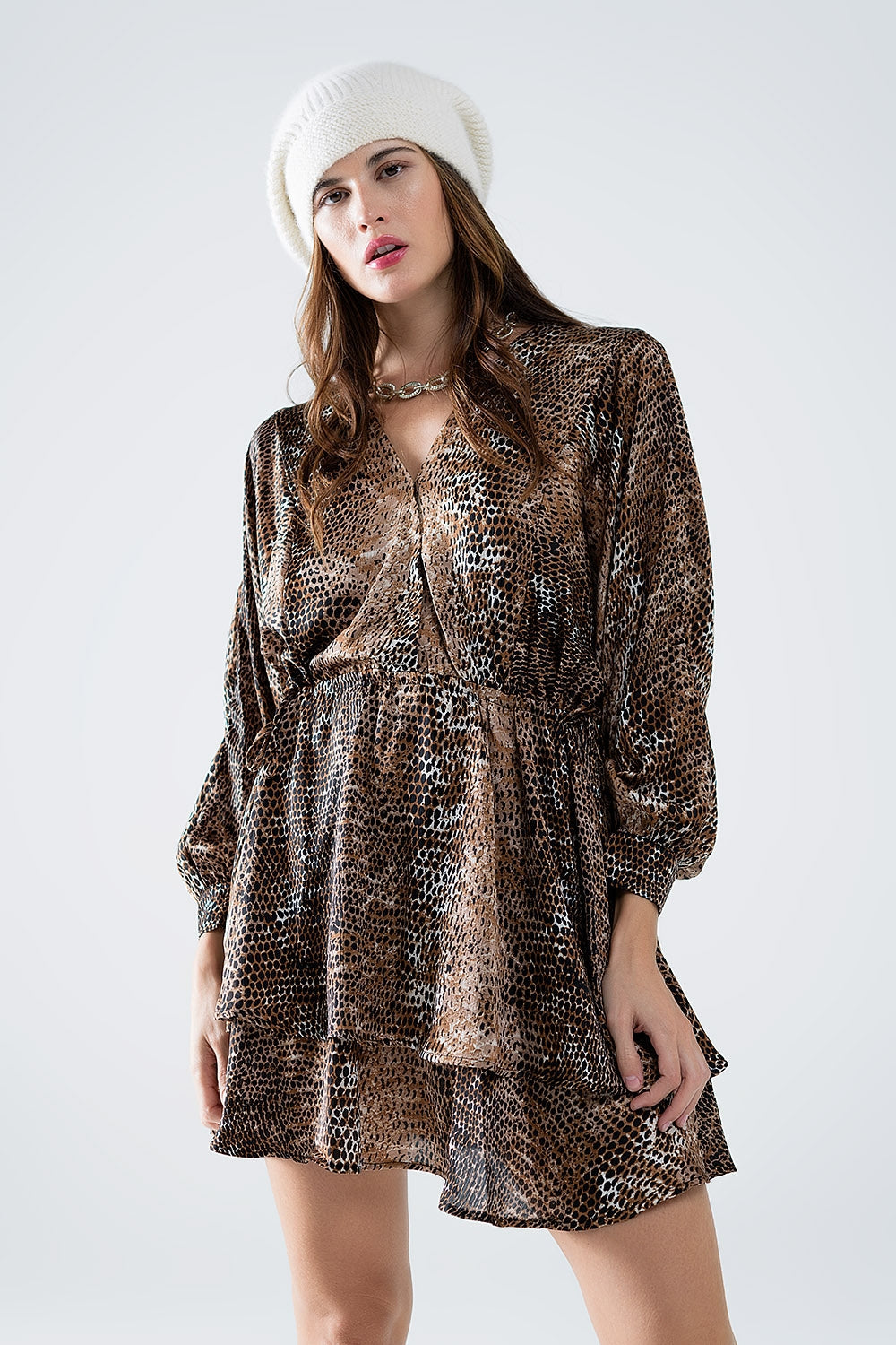 Vestido de gasa con estampado de leopardo marrón Q2