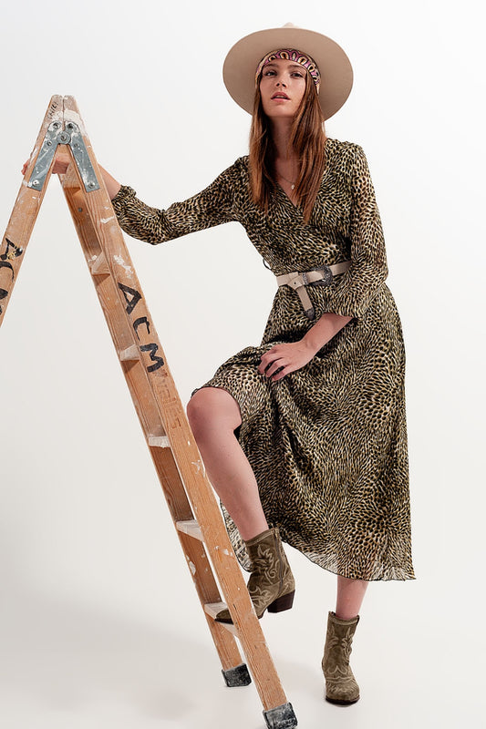 Q2 Vestido de gasa cruzado de manga larga con cinturón y estampado brillante