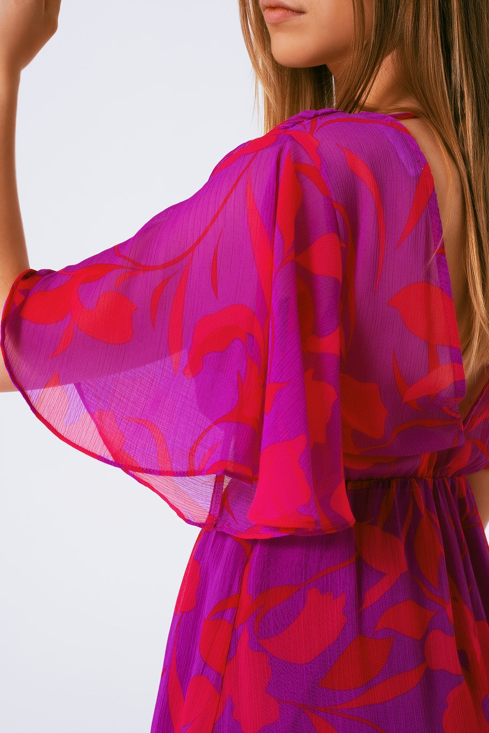 Vestido de gasa estampado de flores en manga corta Q2