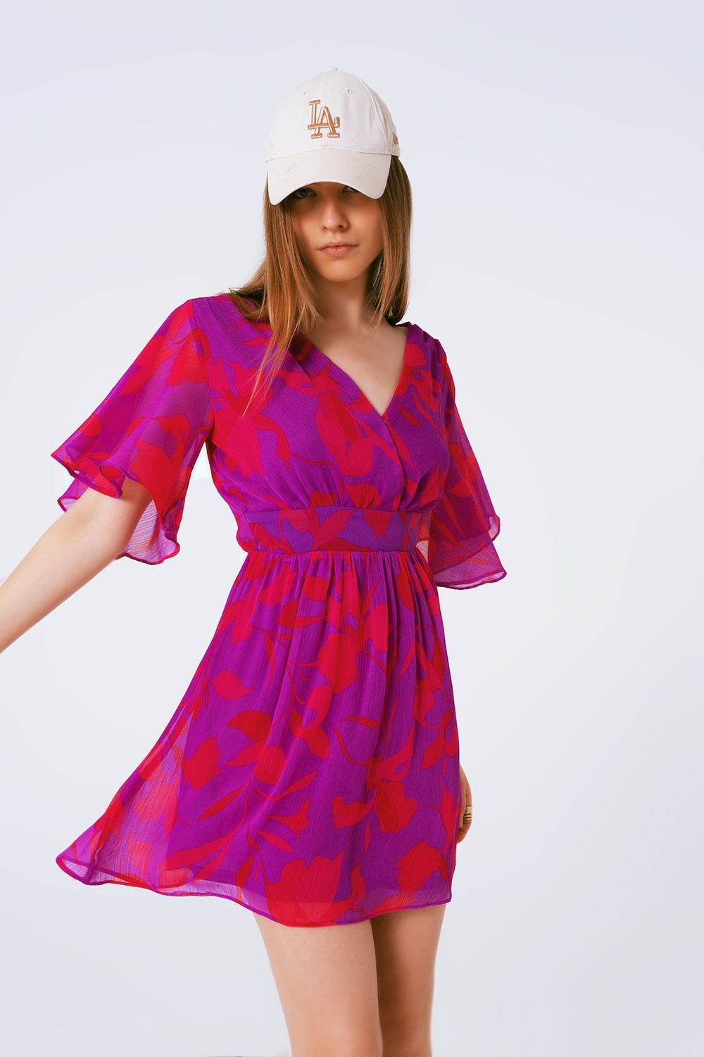 Vestido de gasa estampado de flores en manga corta Q2