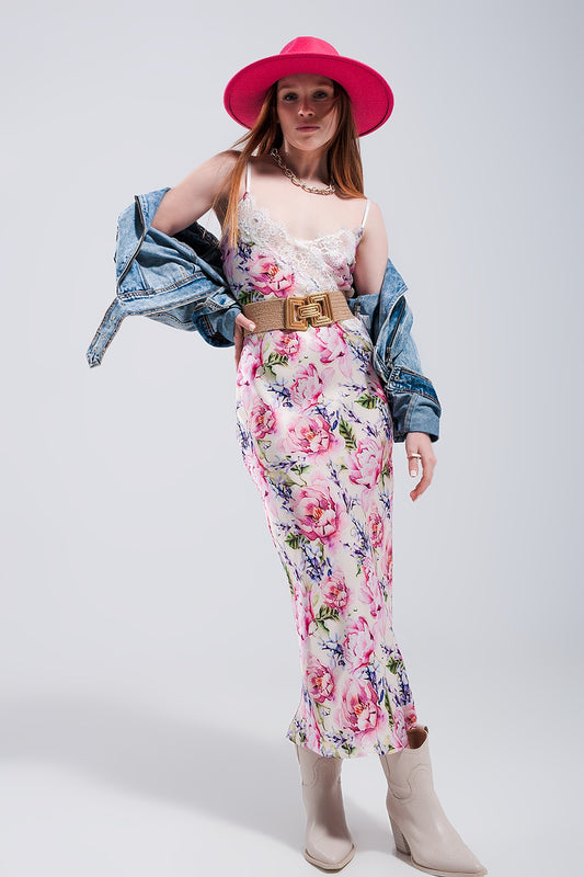 Q2 Vestido de tirantes con estampado de rosas y diseño escotado de satén rosa