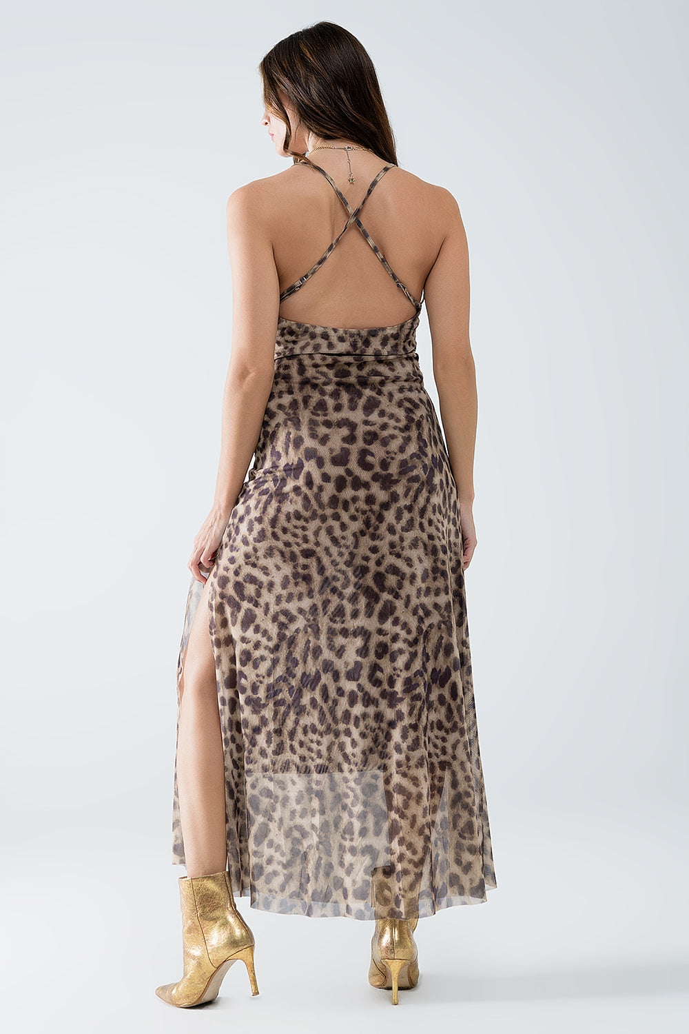 Vestido de tirantes de leopardo en tejido de malla Q2