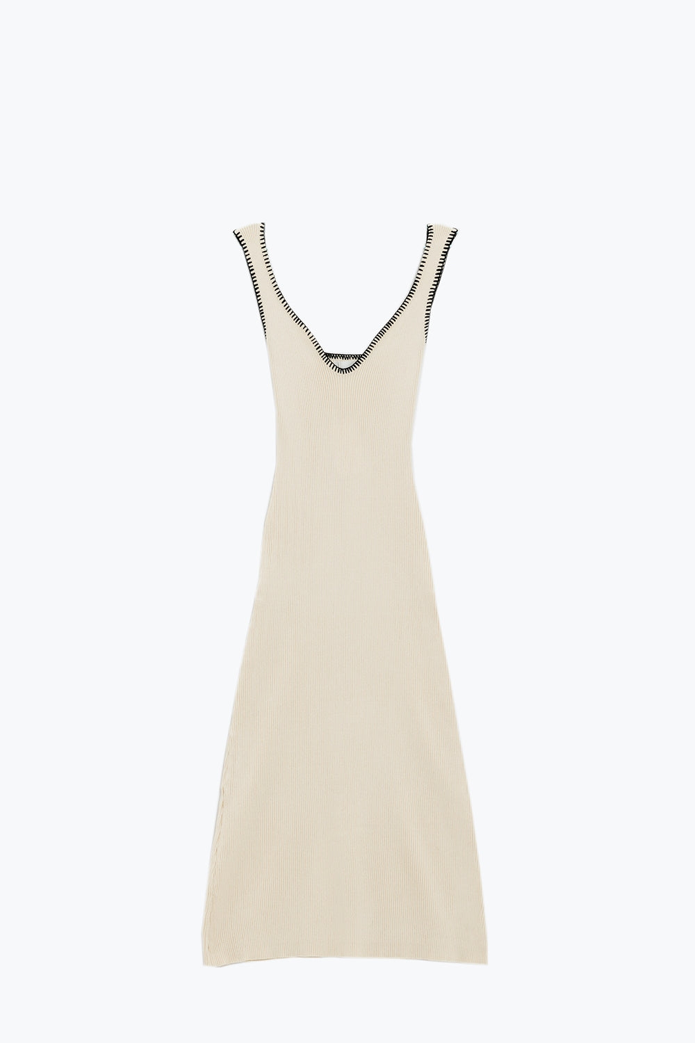 Q2 Vestido de verano de punto beige con ribetes negros