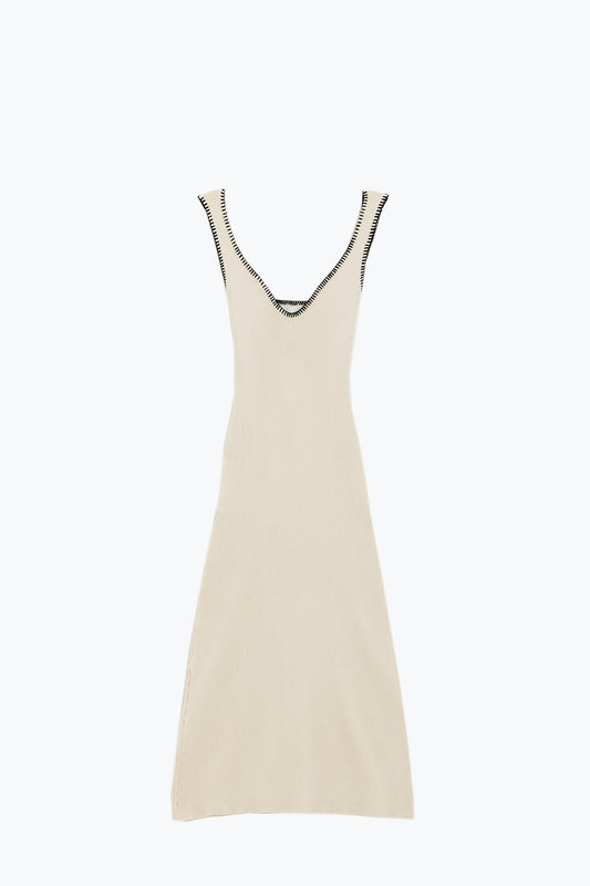 Q2 Vestido de verano de punto beige con ribetes negros