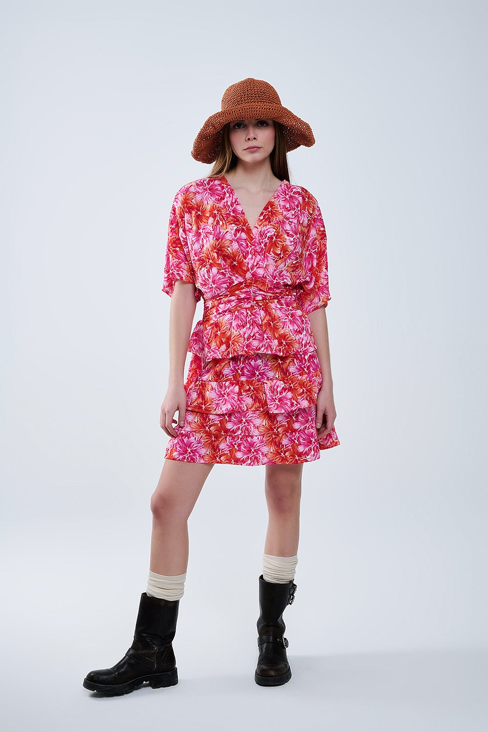 Vestido Estampado Floral En Tonos Rosas Naranjas Y Rojos Q2