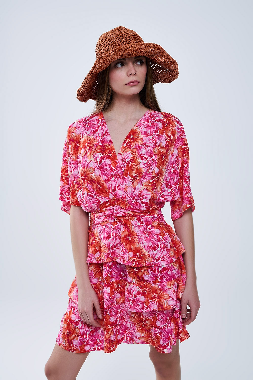 Vestido Estampado Floral En Tonos Rosas Naranjas Y Rojos Q2