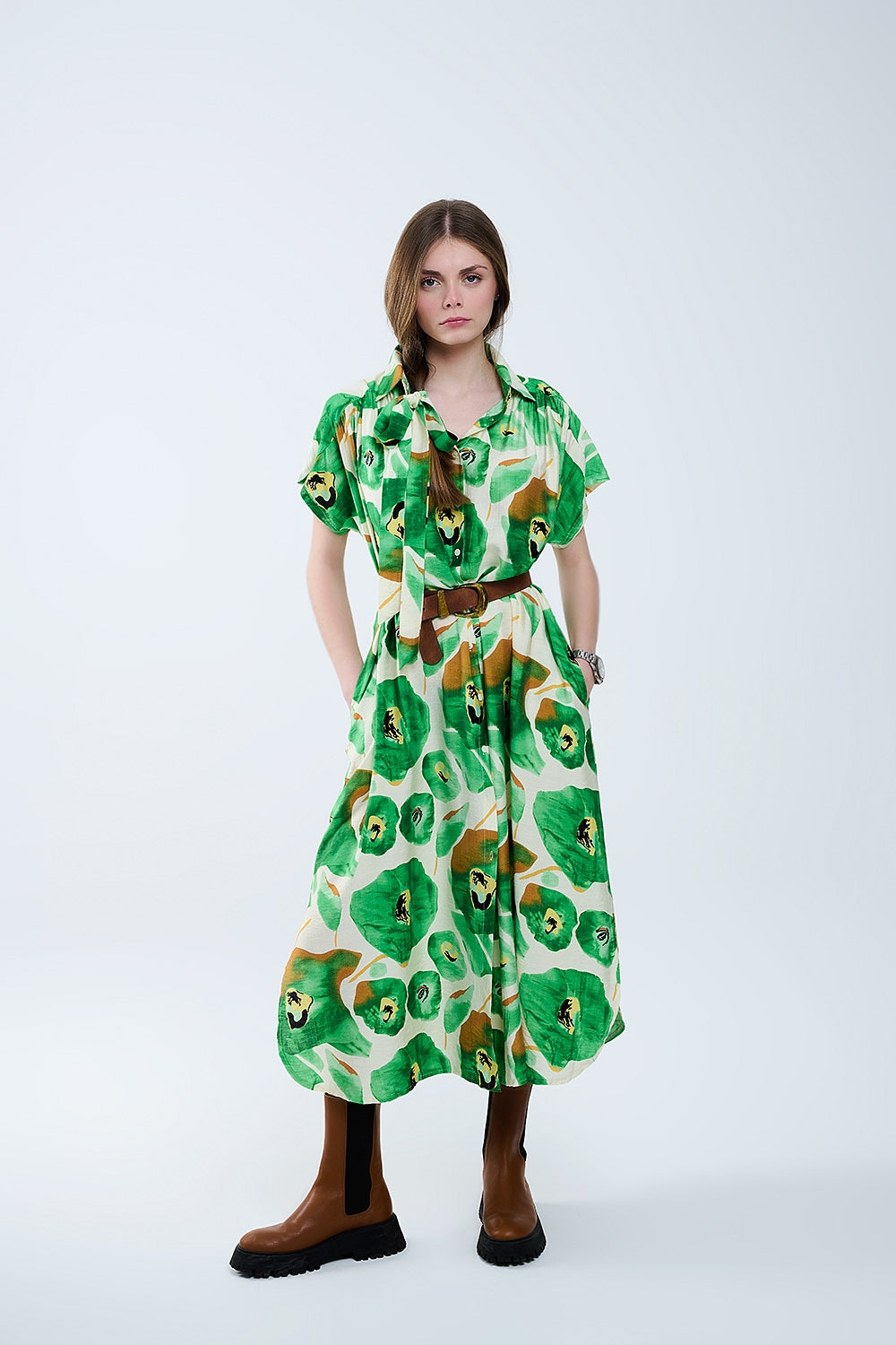 Vestido Floral Bliss en tonos verdes y cálidos Q2