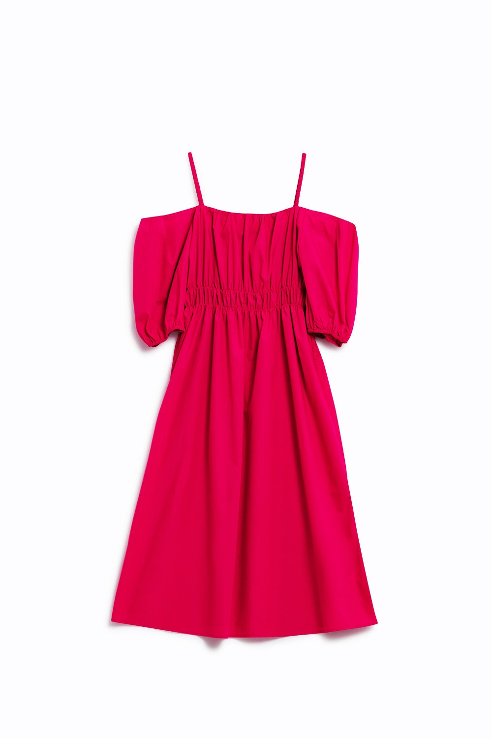 Vestido fuchsia midi de manga corta y tirantes Q2