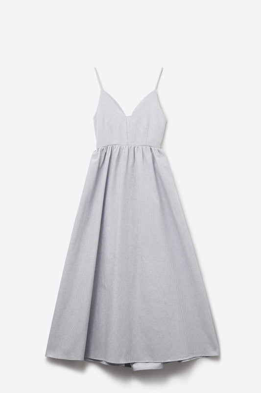 Q2 vestido largo azul de rayas con tirantes y espalda entrecruzada