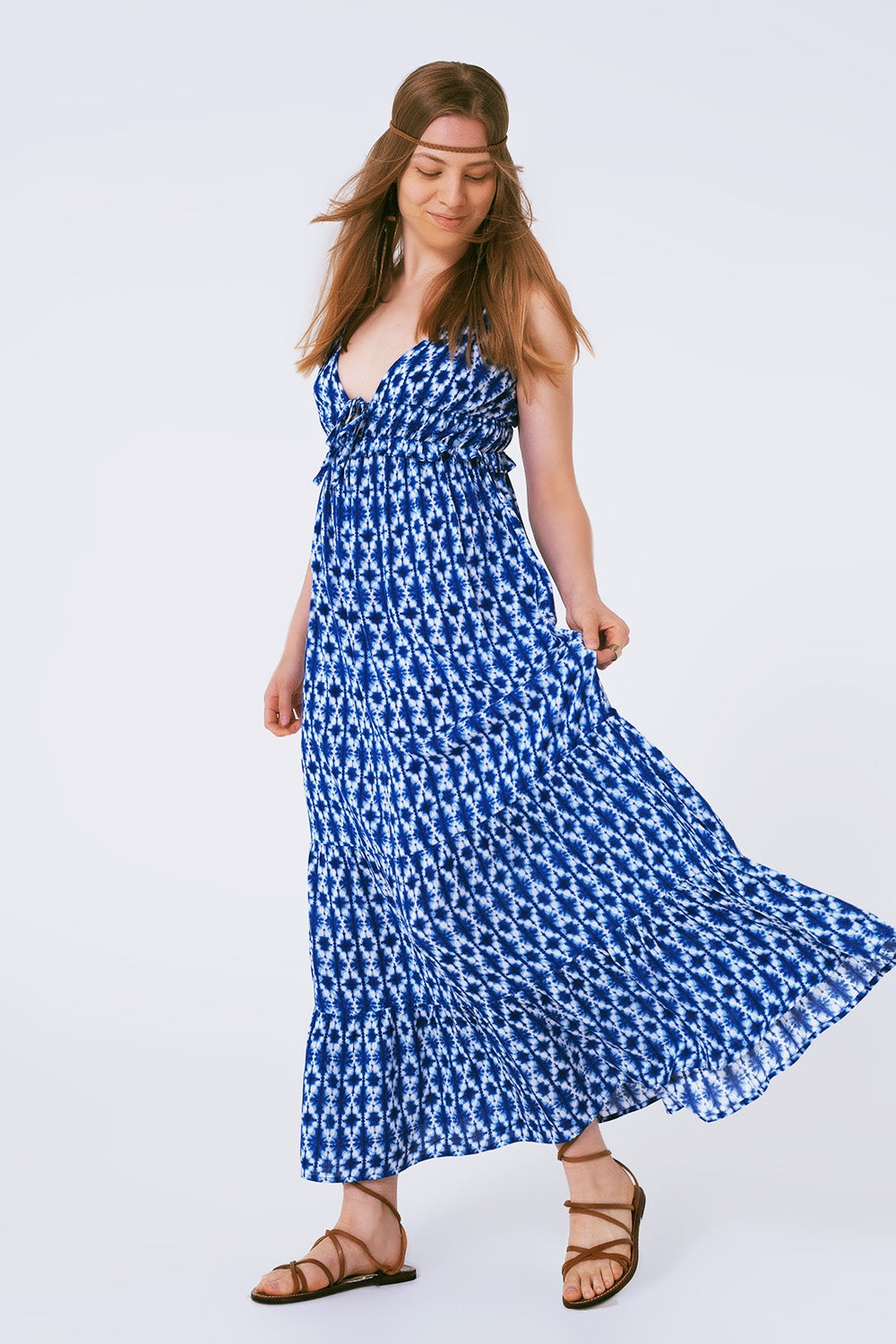 Vestido largo boho estampado con tirantes Q2