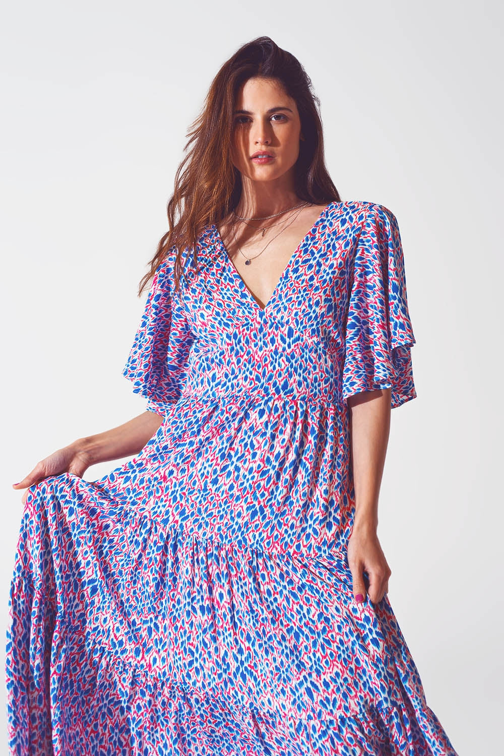 Vestido largo con espalda abierta y lazo en estampado morado Q2