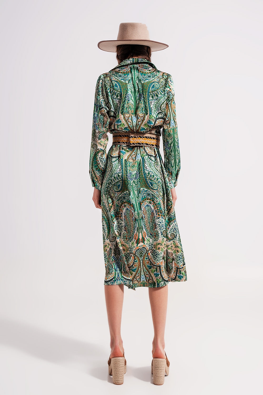 Vestido largo con estampado de cachemir verde Q2