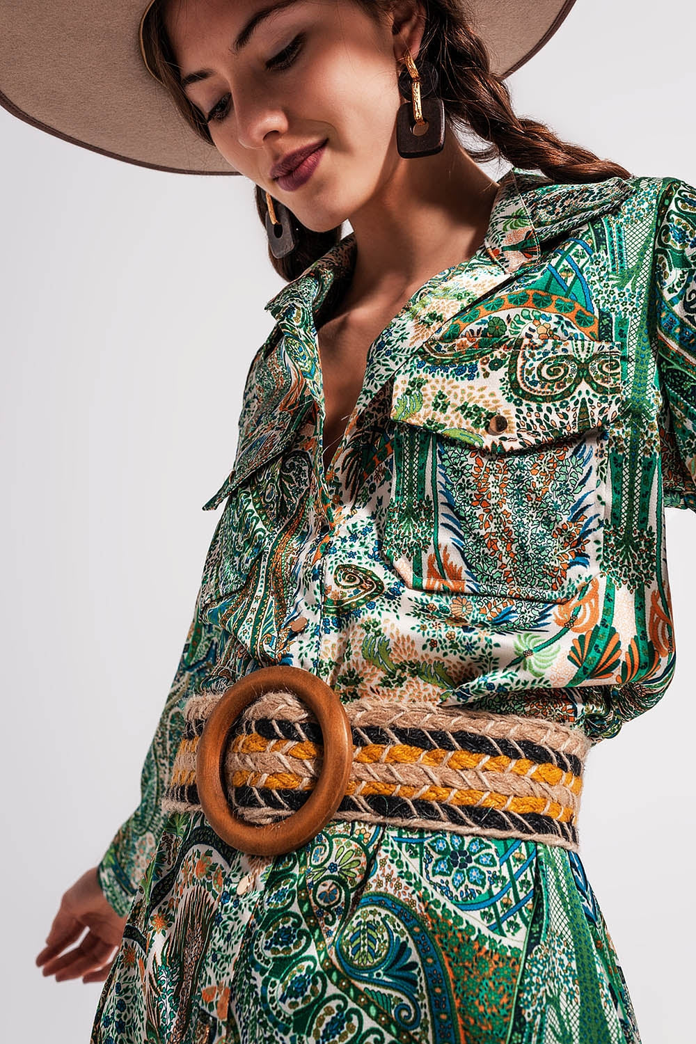 Vestido largo con estampado de cachemir verde Q2