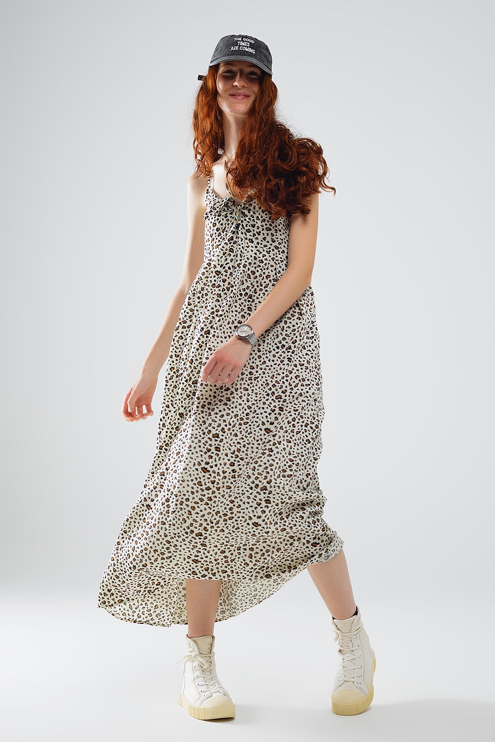 Vestido largo con estampado de leopardo y detalle de nudo Q2
