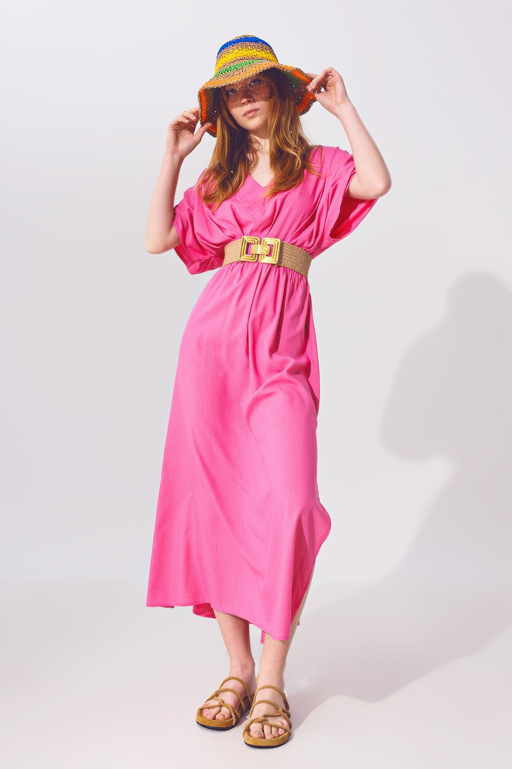 Vestido largo con manga kimono en rosa Q2