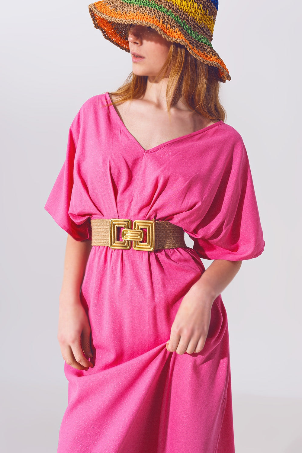 Vestido largo con manga kimono en rosa Q2