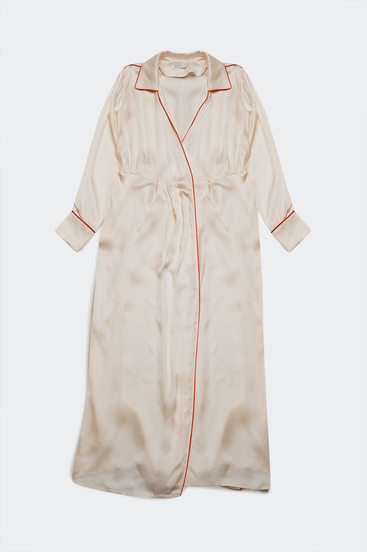 Q2 Vestido largo crema cruzado en la parte delantera de satén