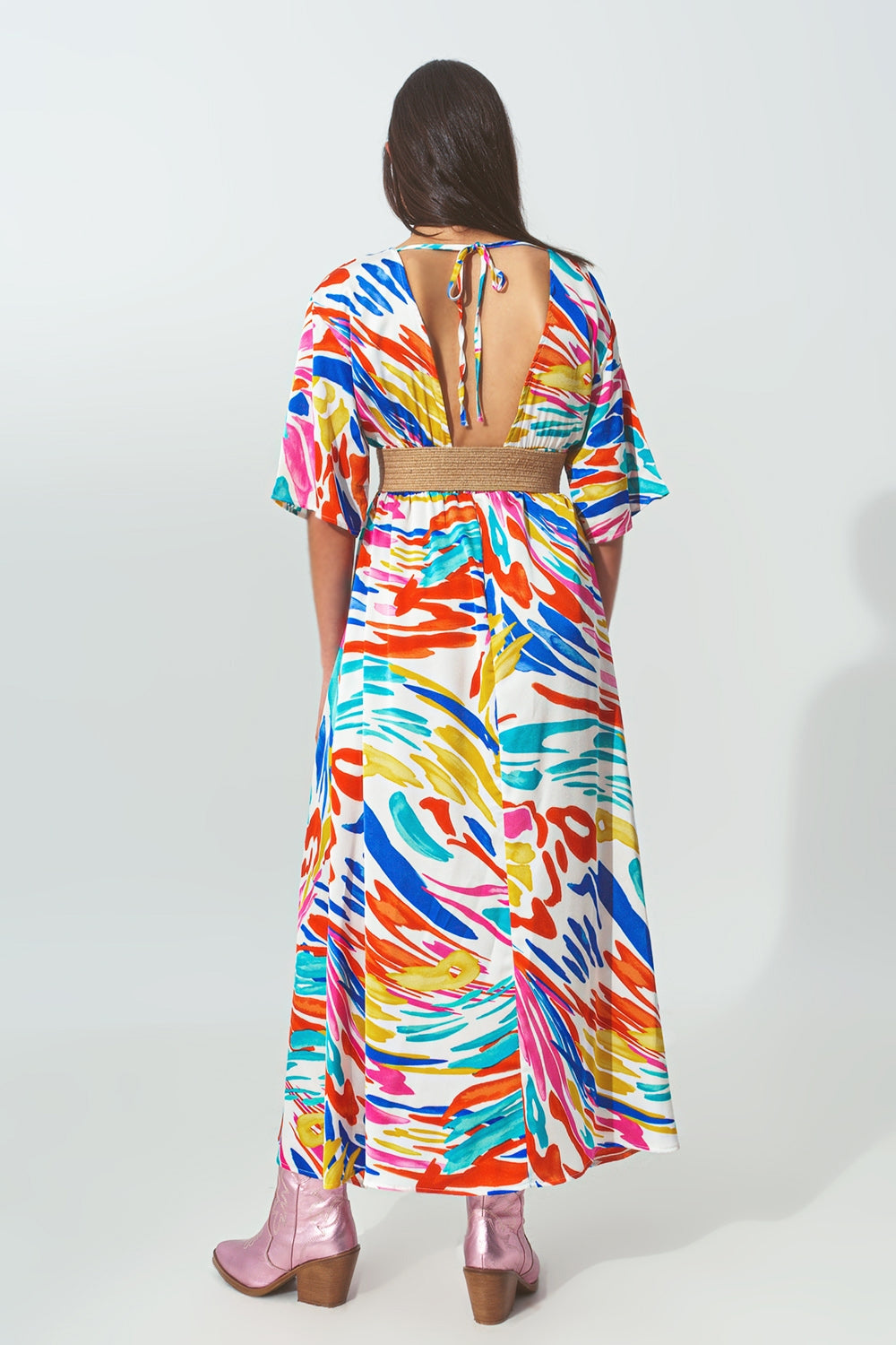 Vestido largo Cuello V Estampado Multicolor Q2
