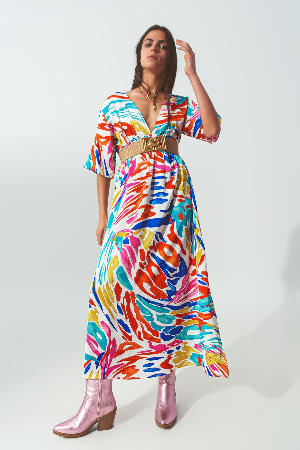 Vestido largo Cuello V Estampado Multicolor Q2
