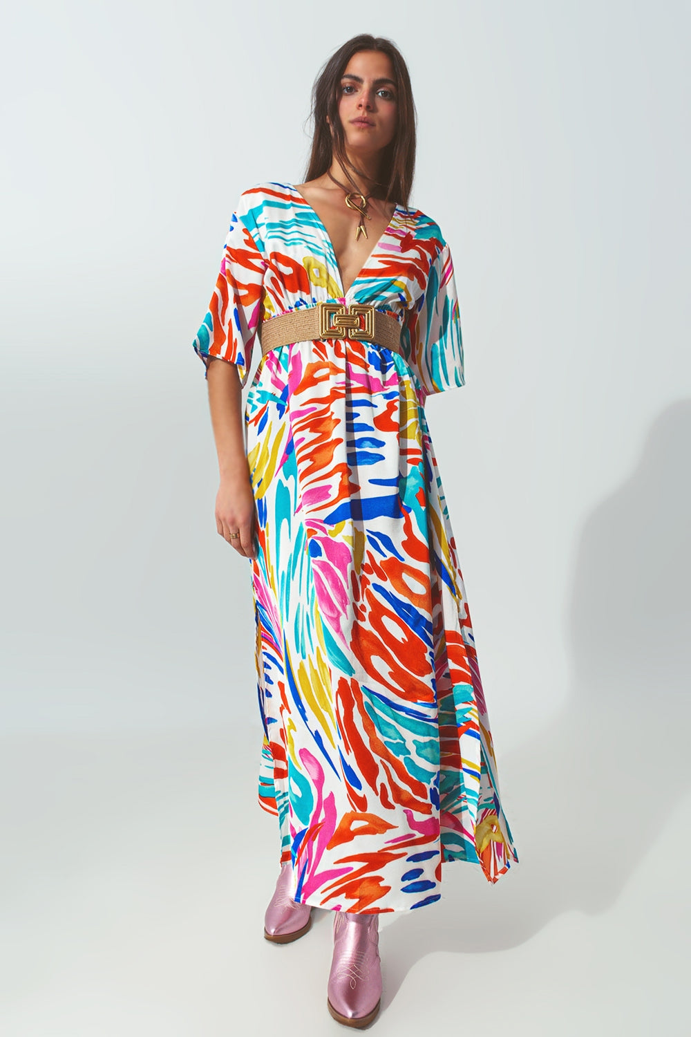 Q2 Vestido largo Cuello V Estampado Multicolor
