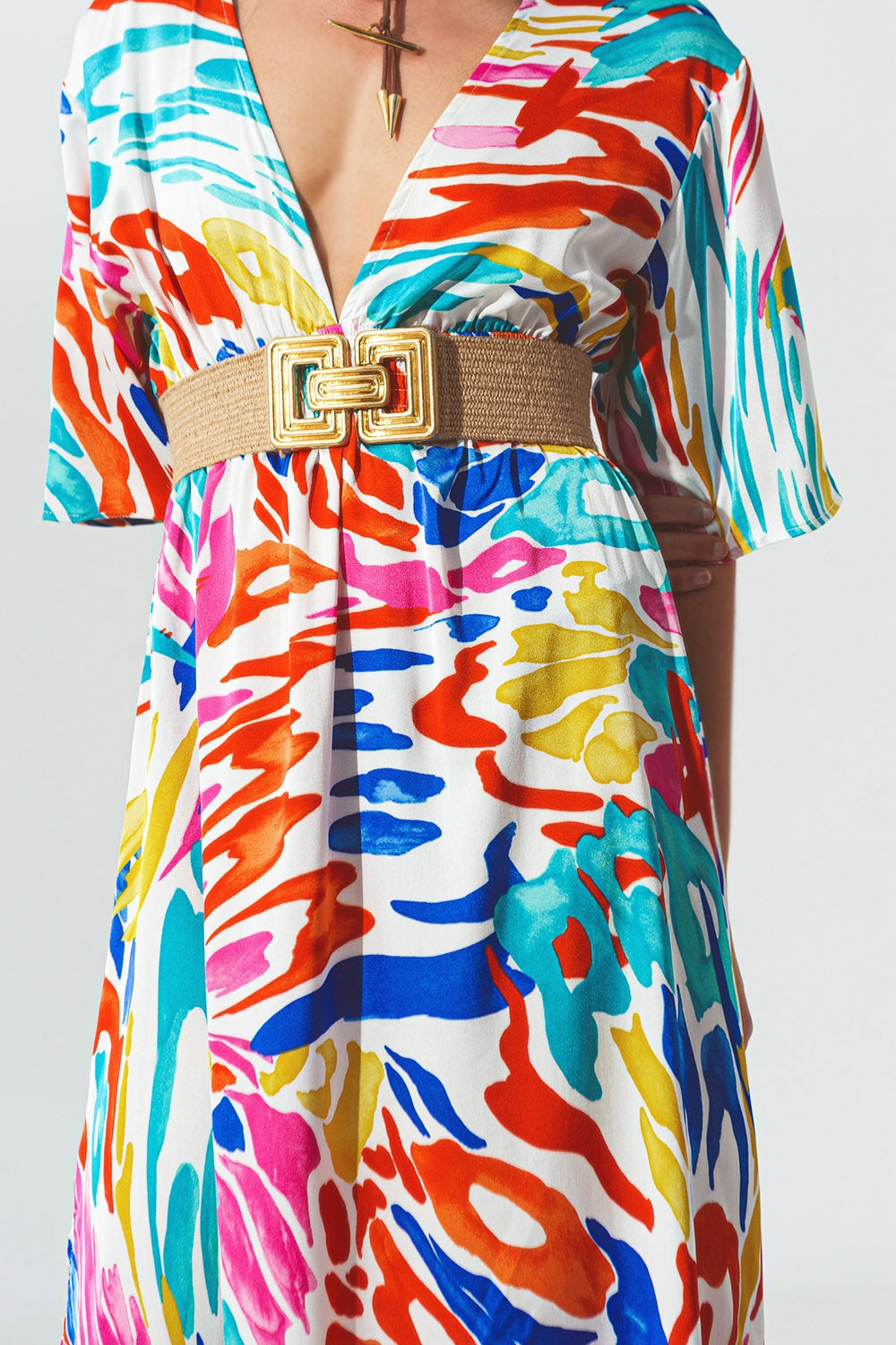 Vestido largo Cuello V Estampado Multicolor Q2
