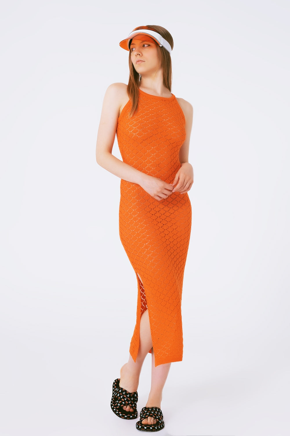 Vestido largo de crochet en naranja Q2