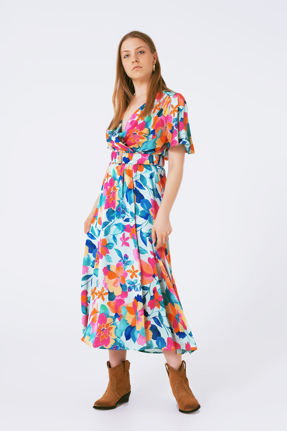 vestido largo de satén suave con cinturón y estampado de flores Q2