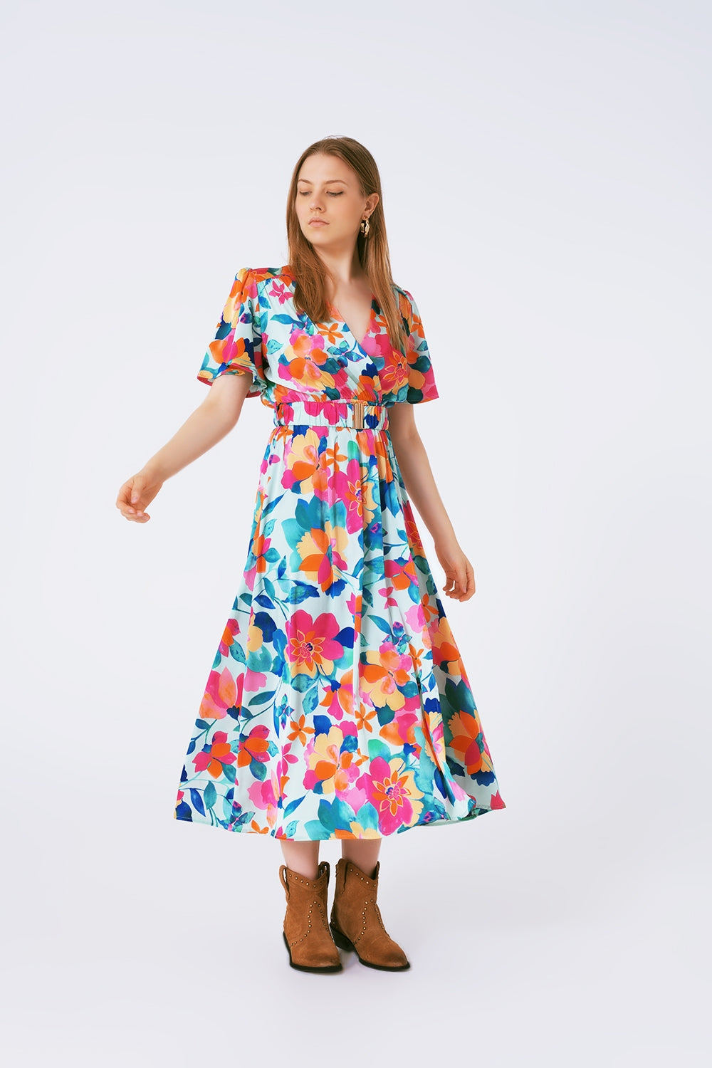 Q2 vestido largo de satén suave con cinturón y estampado de flores